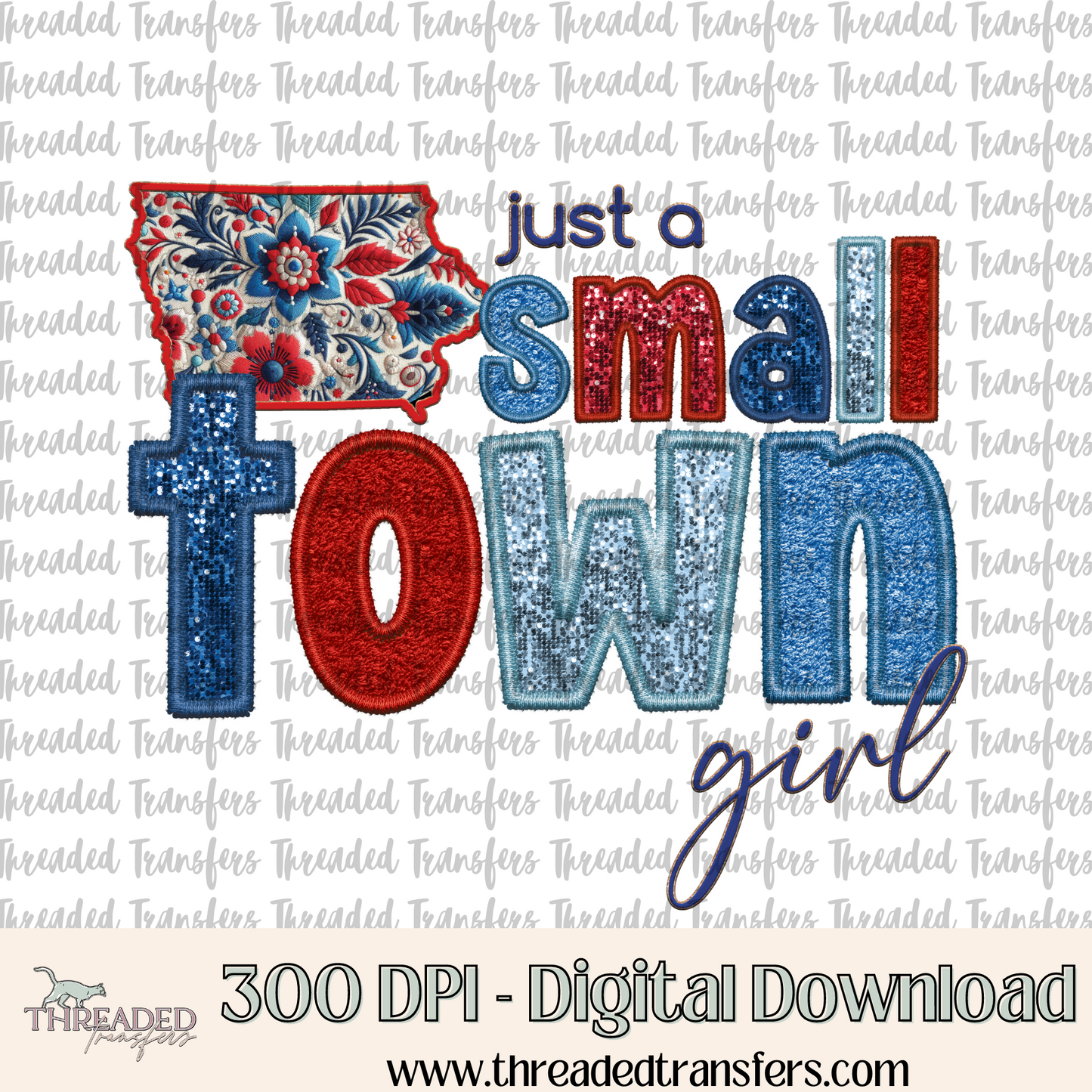 Iowa Small Town Faux Embroidery & Faux Sparkles Digital Design Download (PNG Format - no product shipped)