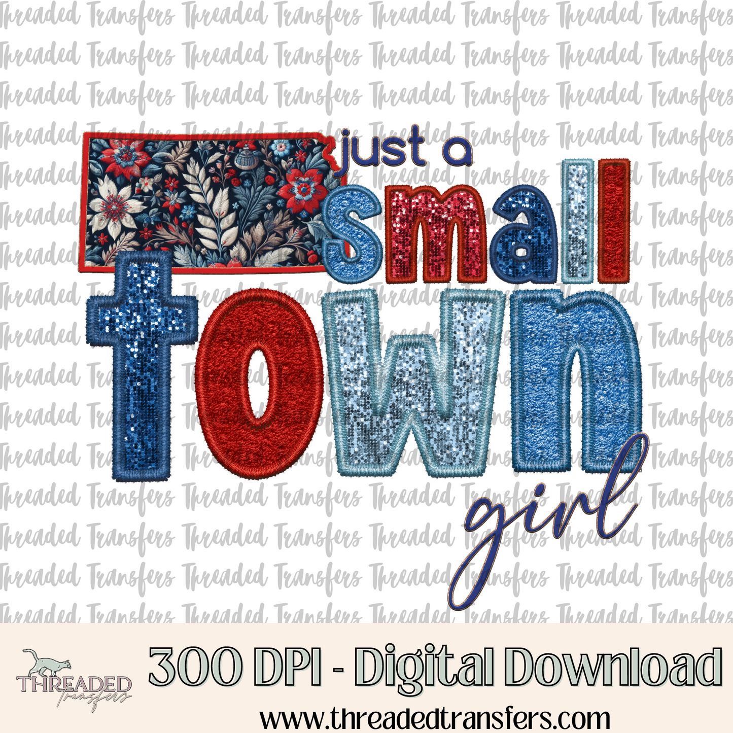 Kansas Small Town Faux Embroidery & Faux Sparkles Digital Design Download (PNG Format - no product shipped)