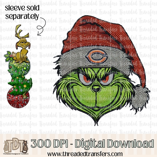 Green Chicago Football Faux Rhinestones & Faux Embroidery Digital Design Download (PNG Format - no product shipped)