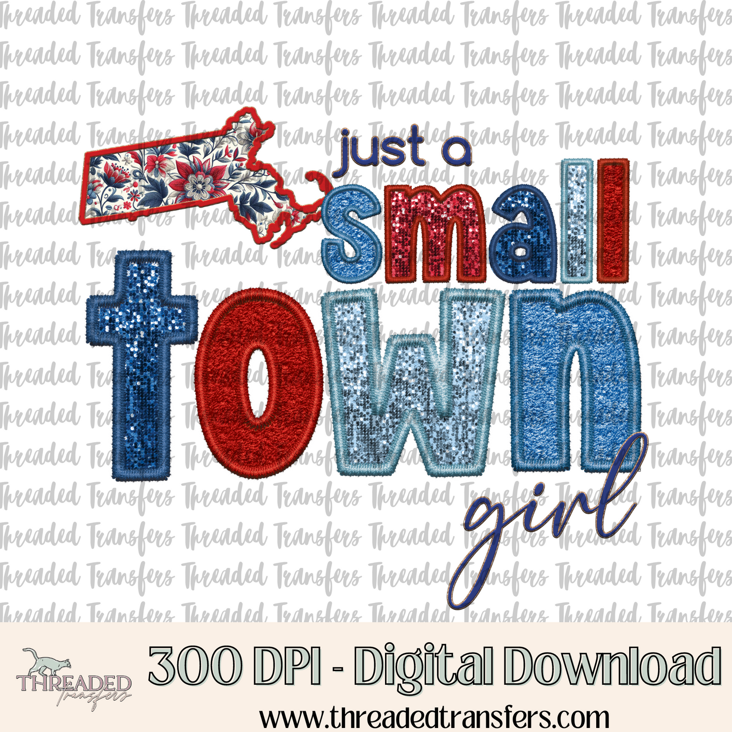 Massachusetts Small Town Faux Embroidery & Faux Sparkles Digital Design Download (PNG Format - no product shipped)