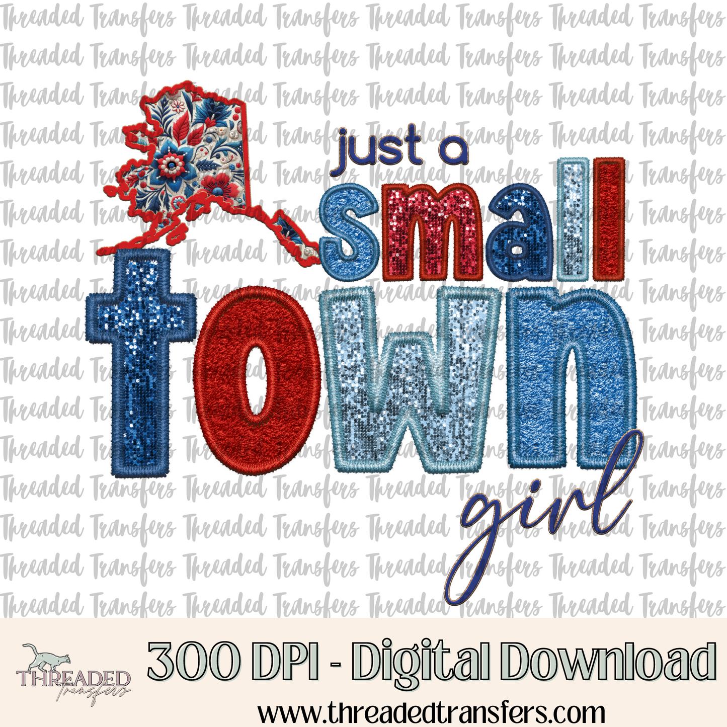 Alaska Small Town Faux Embroidery & Faux Sparkles Digital Design Download (PNG Format - no product shipped)