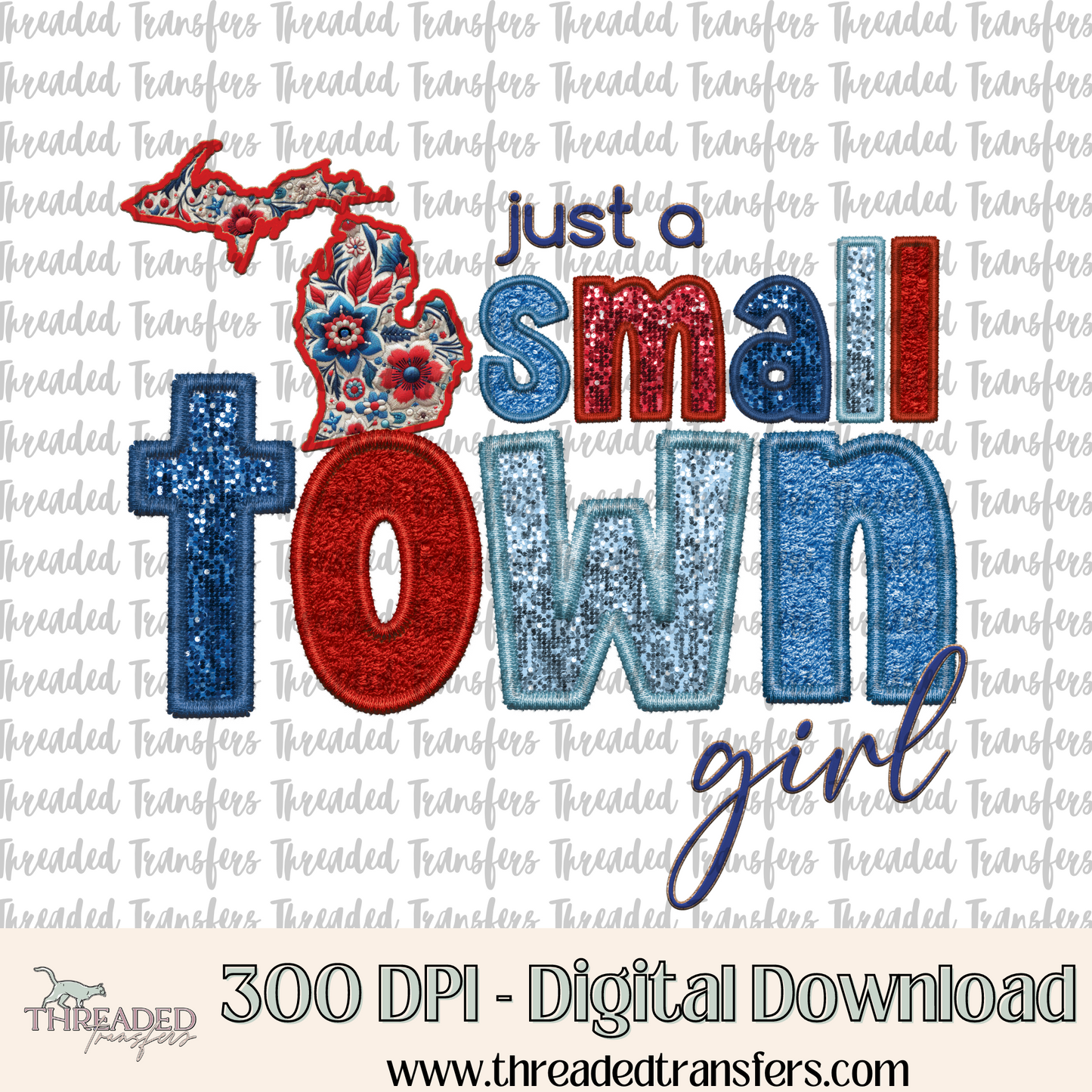 Michigan Small Town Faux Embroidery & Faux Sparkles Digital Design Download (PNG Format - no product shipped)