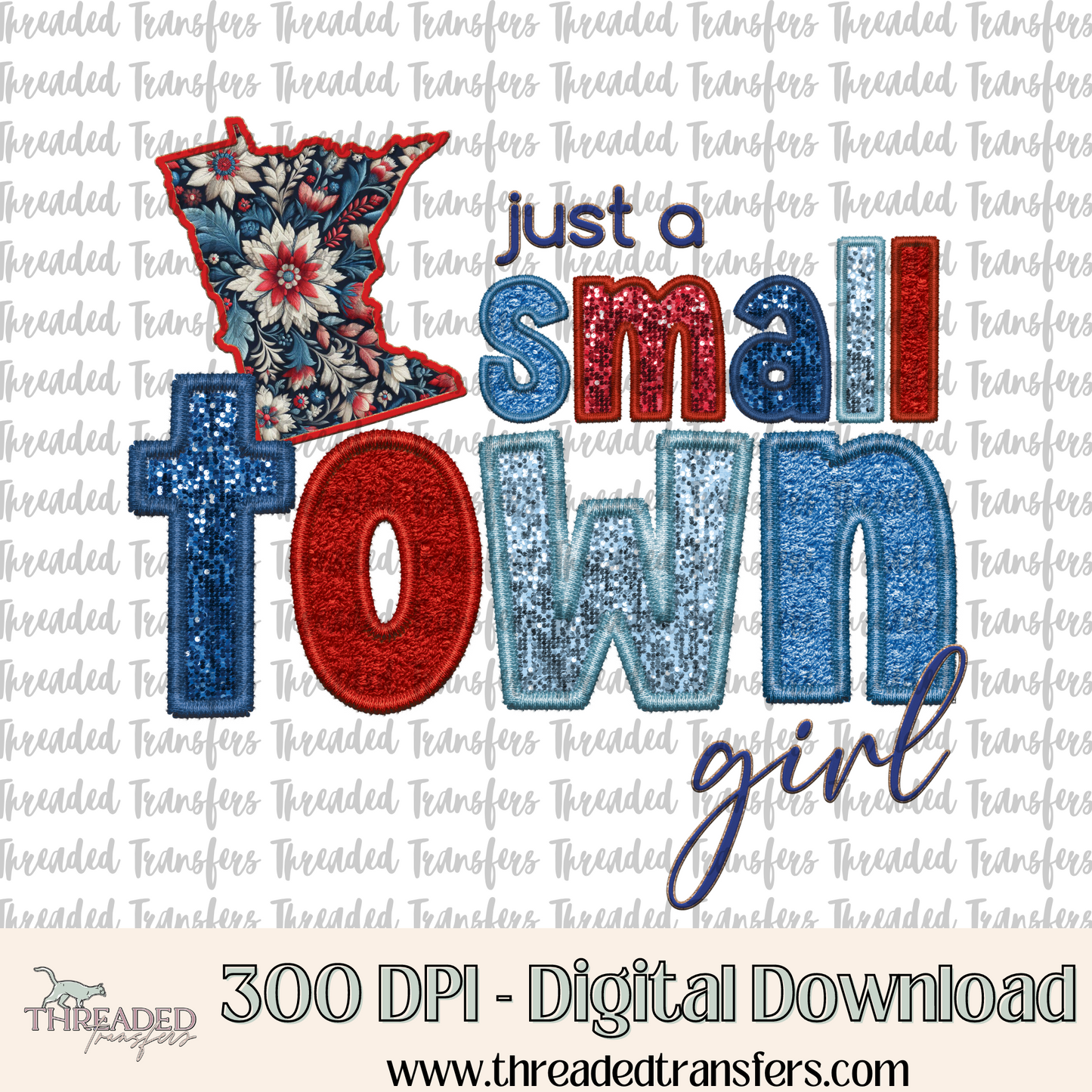 Minnesota Small Town Faux Embroidery & Faux Sparkles Digital Design Download (PNG Format - no product shipped)