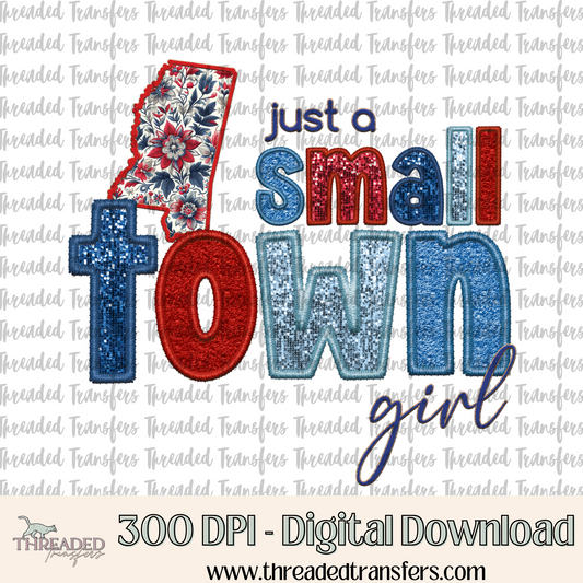 Mississippi Small Town Faux Embroidery & Faux Sparkles Digital Design Download (PNG Format - no product shipped)