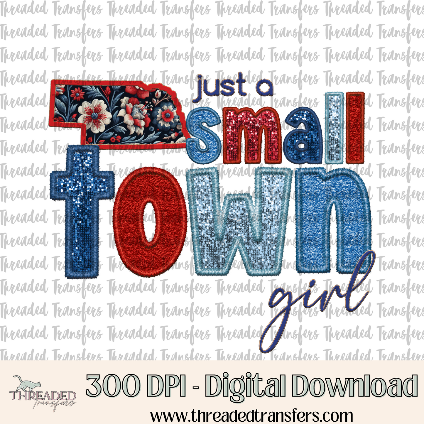 Nebraska Small Town Faux Embroidery & Faux Sparkles Digital Design Download (PNG Format - no product shipped)