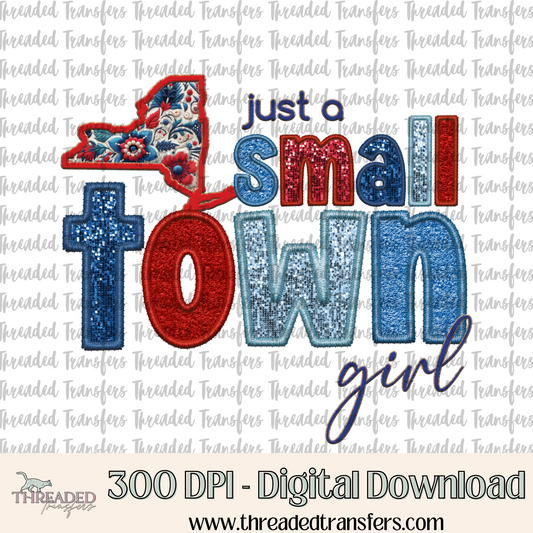 New York Small Town Faux Embroidery & Faux Sparkles Digital Design Download (PNG Format - no product shipped)