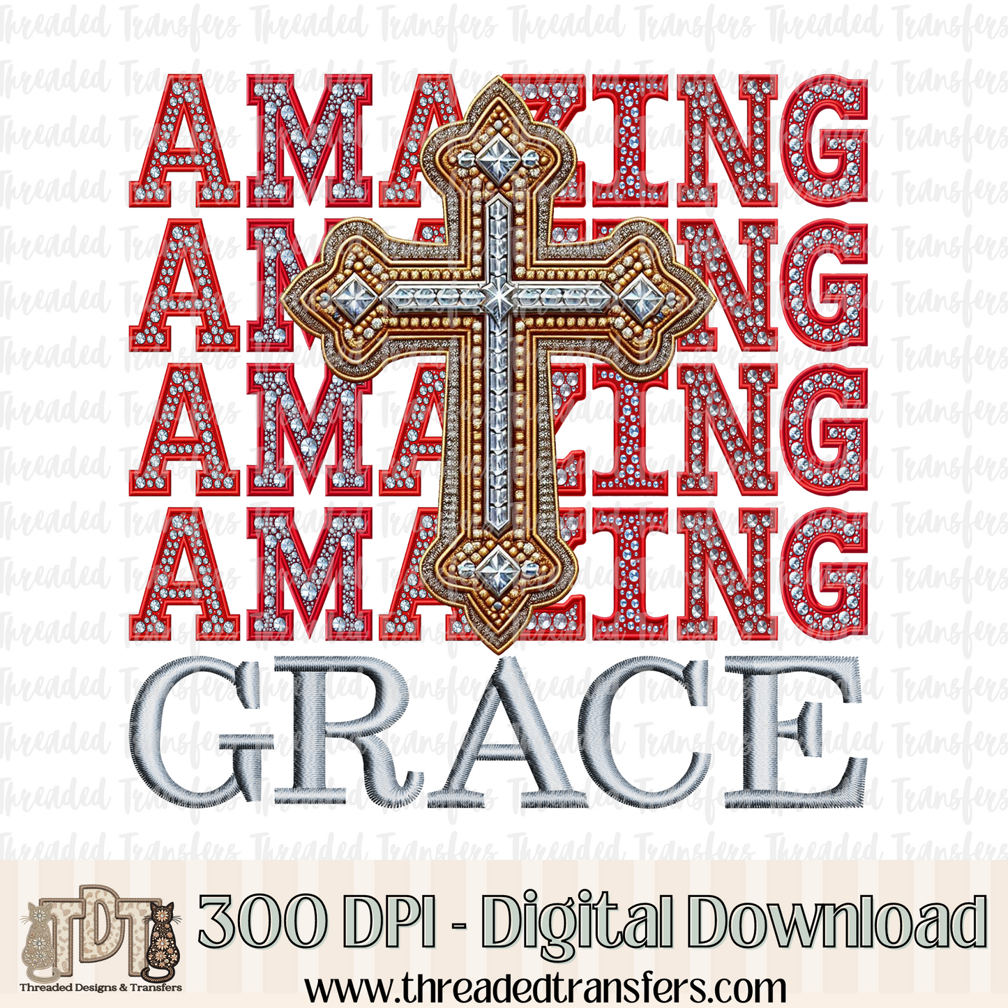 Amazing Grace Faux Rhinestones & Faux Embroidery Digital Design Download (PNG Format - no product shipped)