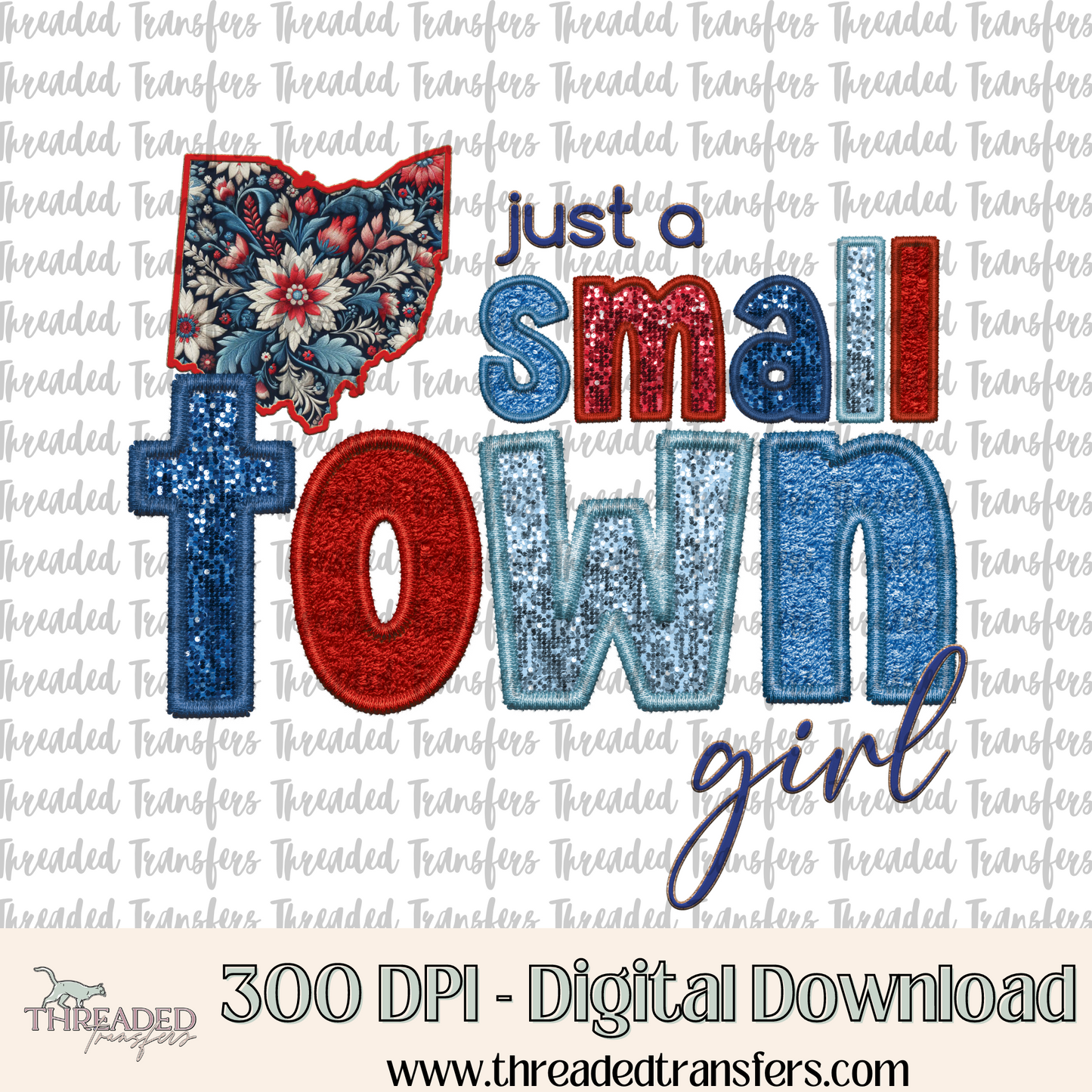 Ohio Small Town Faux Embroidery & Faux Sparkles Digital Design Download (PNG Format - no product shipped)