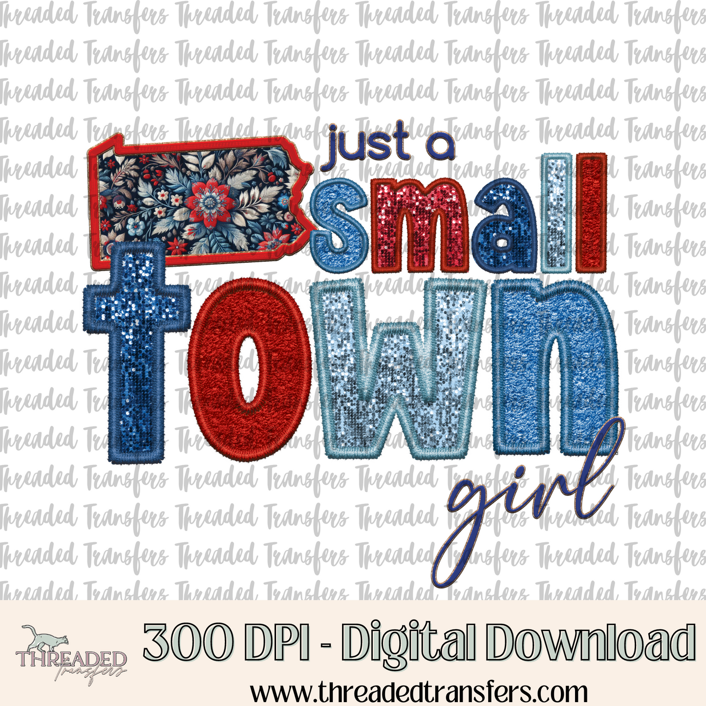 Pennsylvania Small Town Faux Embroidery & Faux Sparkles Digital Design Download (PNG Format - no product shipped)