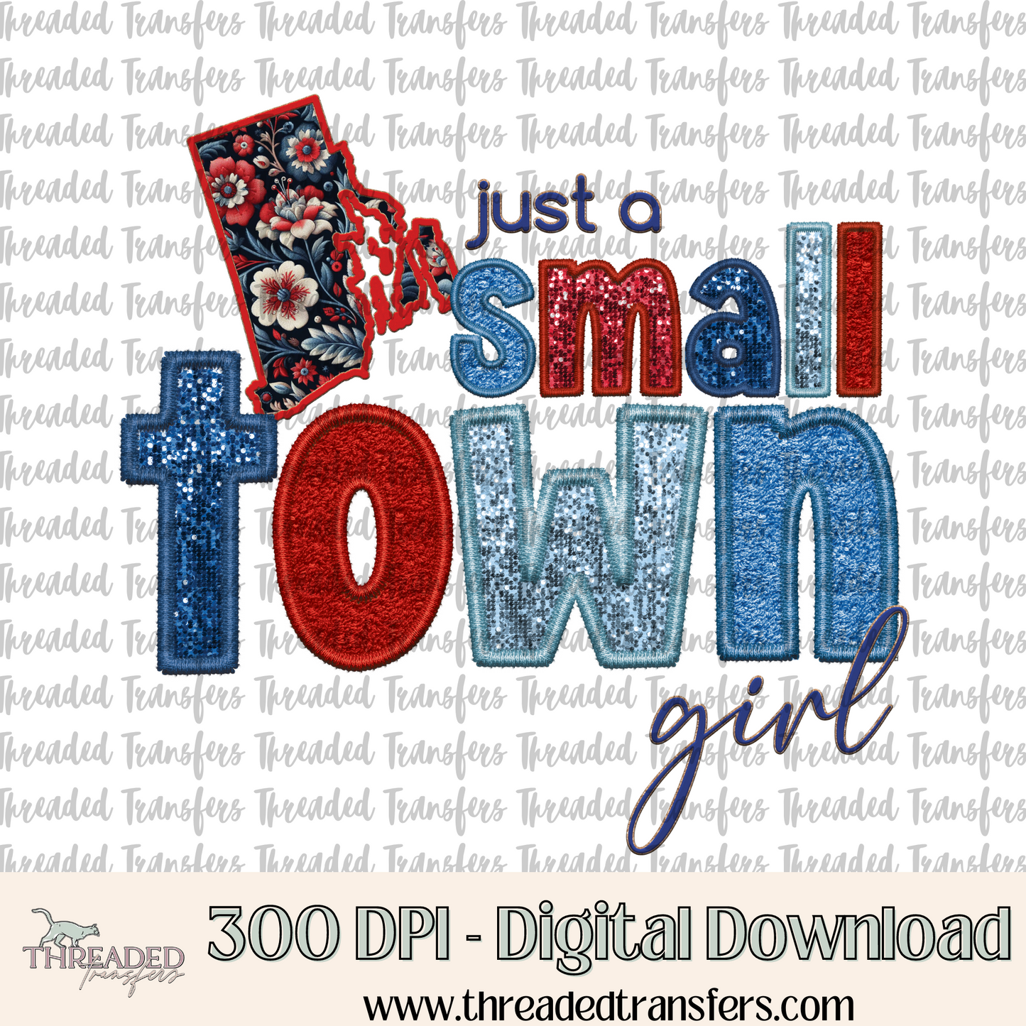 Rhode Island Small Town Faux Embroidery & Faux Sparkles Digital Design Download (PNG Format - no product shipped)