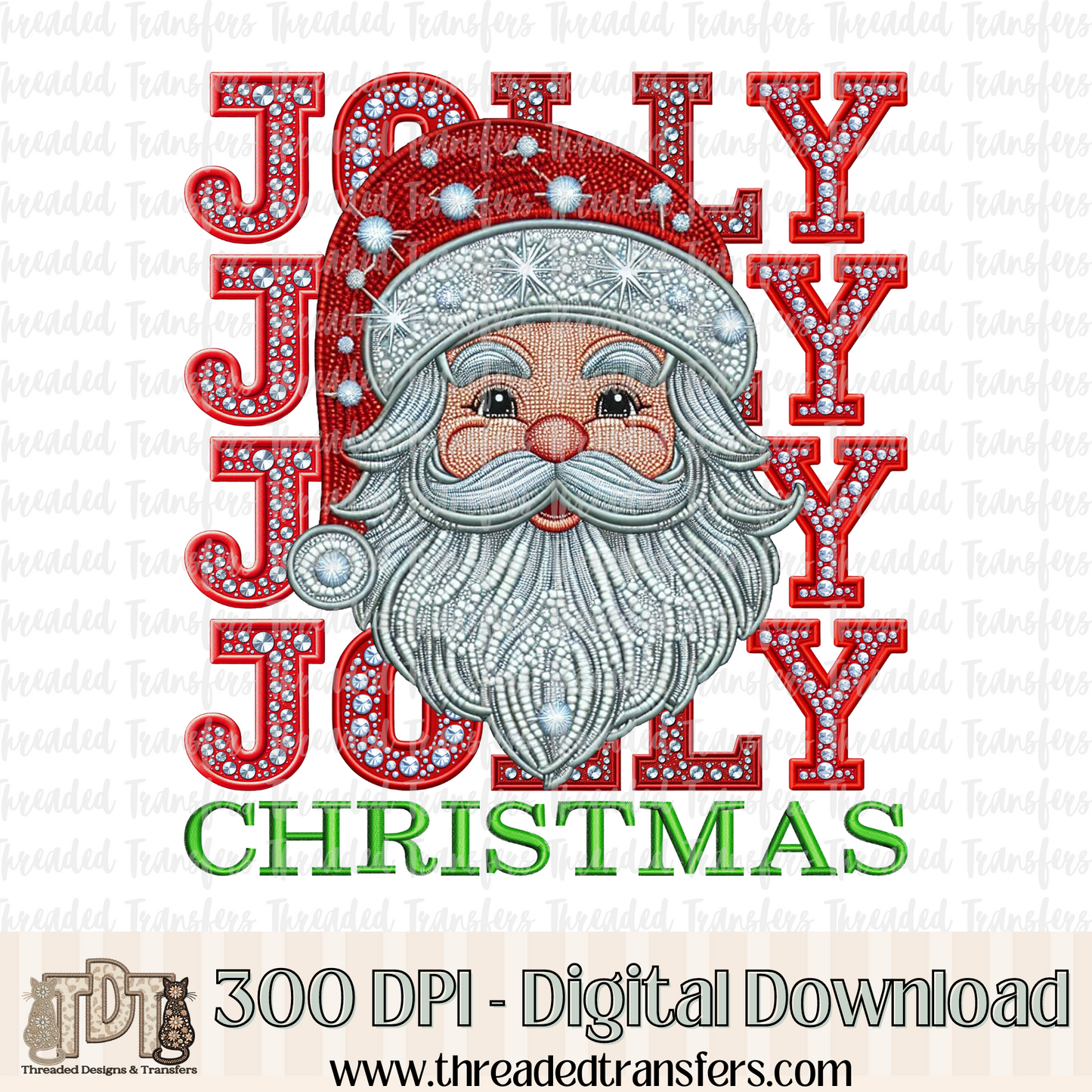 Jolly Christmas Faux Rhinestones & Faux Embroidery Digital Design Download (PNG Format - no product shipped)