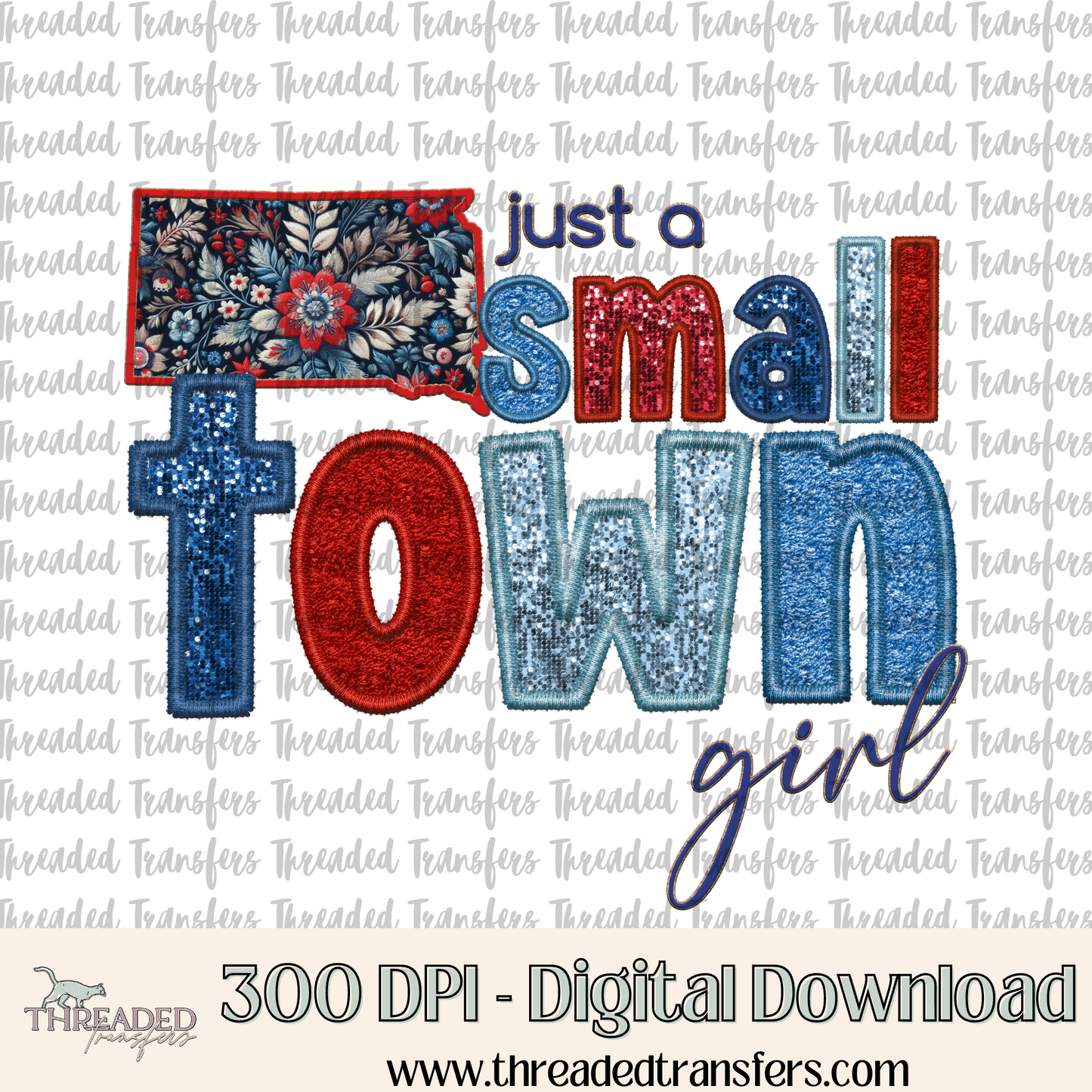 South Dakota Small Town Faux Embroidery & Faux Sparkles Digital Design Download (PNG Format - no product shipped)