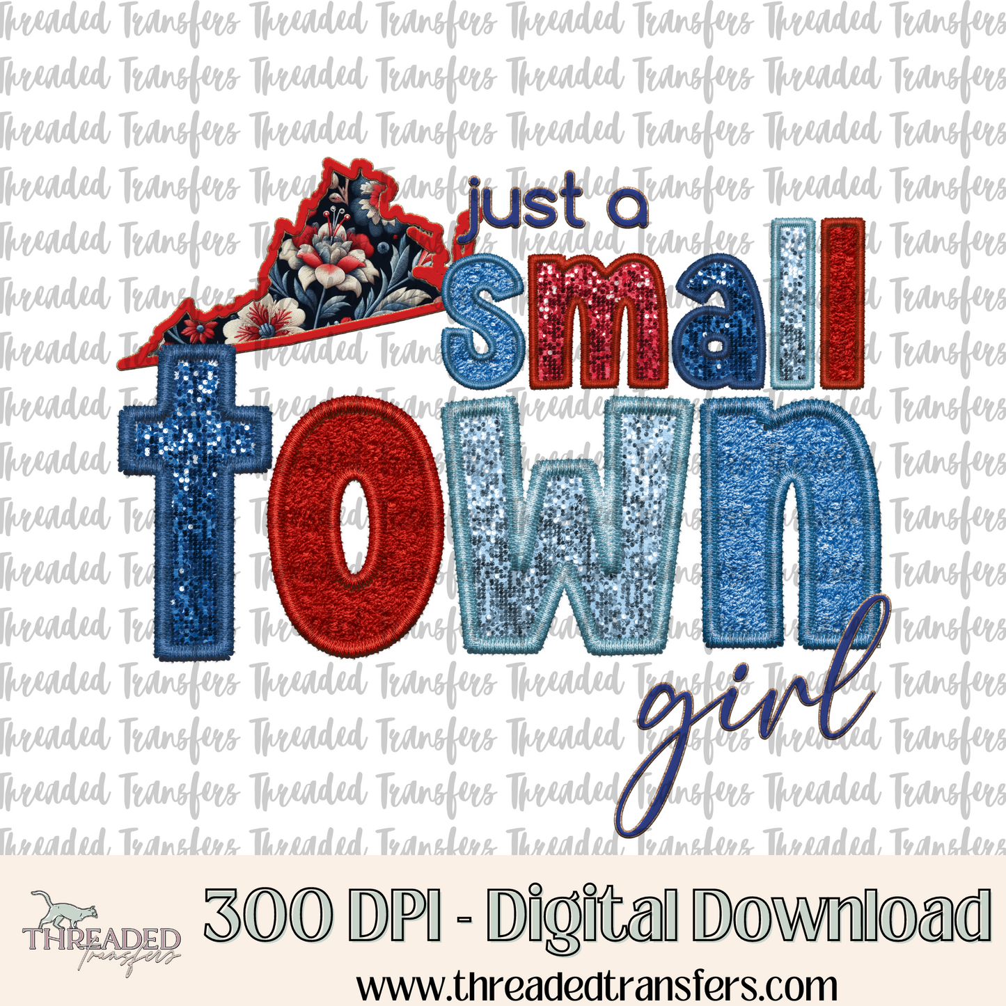 Virginia Small Town Faux Embroidery & Faux Sparkles Digital Design Download (PNG Format - no product shipped)