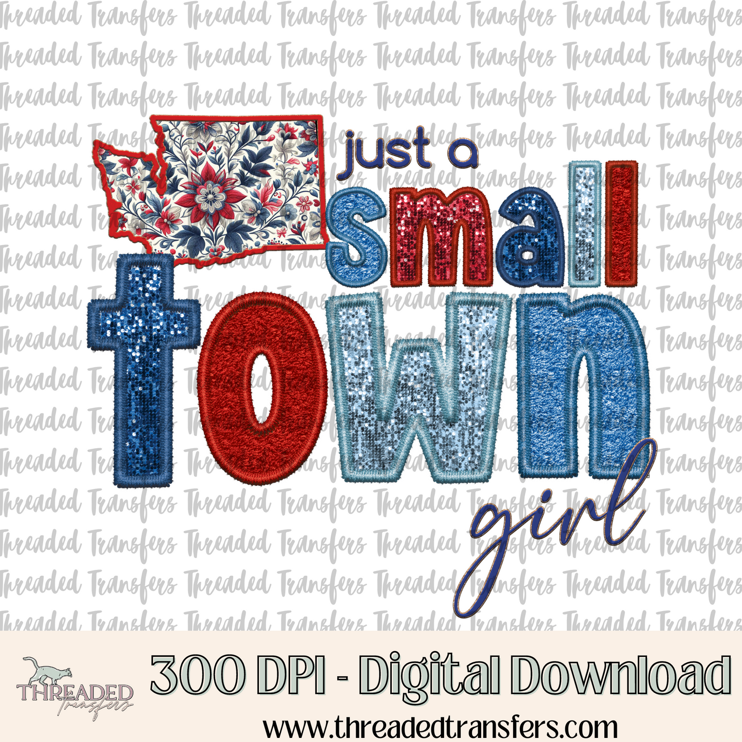 Washington Small Town Faux Embroidery & Faux Sparkles Digital Design Download (PNG Format - no product shipped)