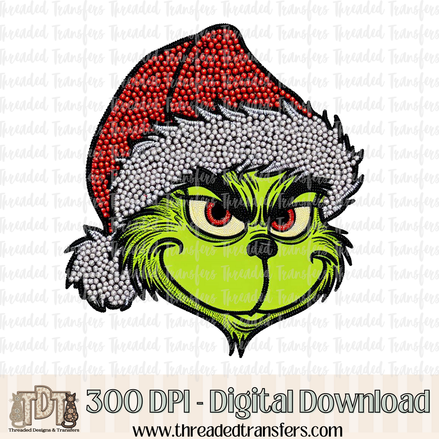 Santa Goes Green Faux Rhinestones & Faux Embroidery Digital Design Download (PNG Format - no product shipped)