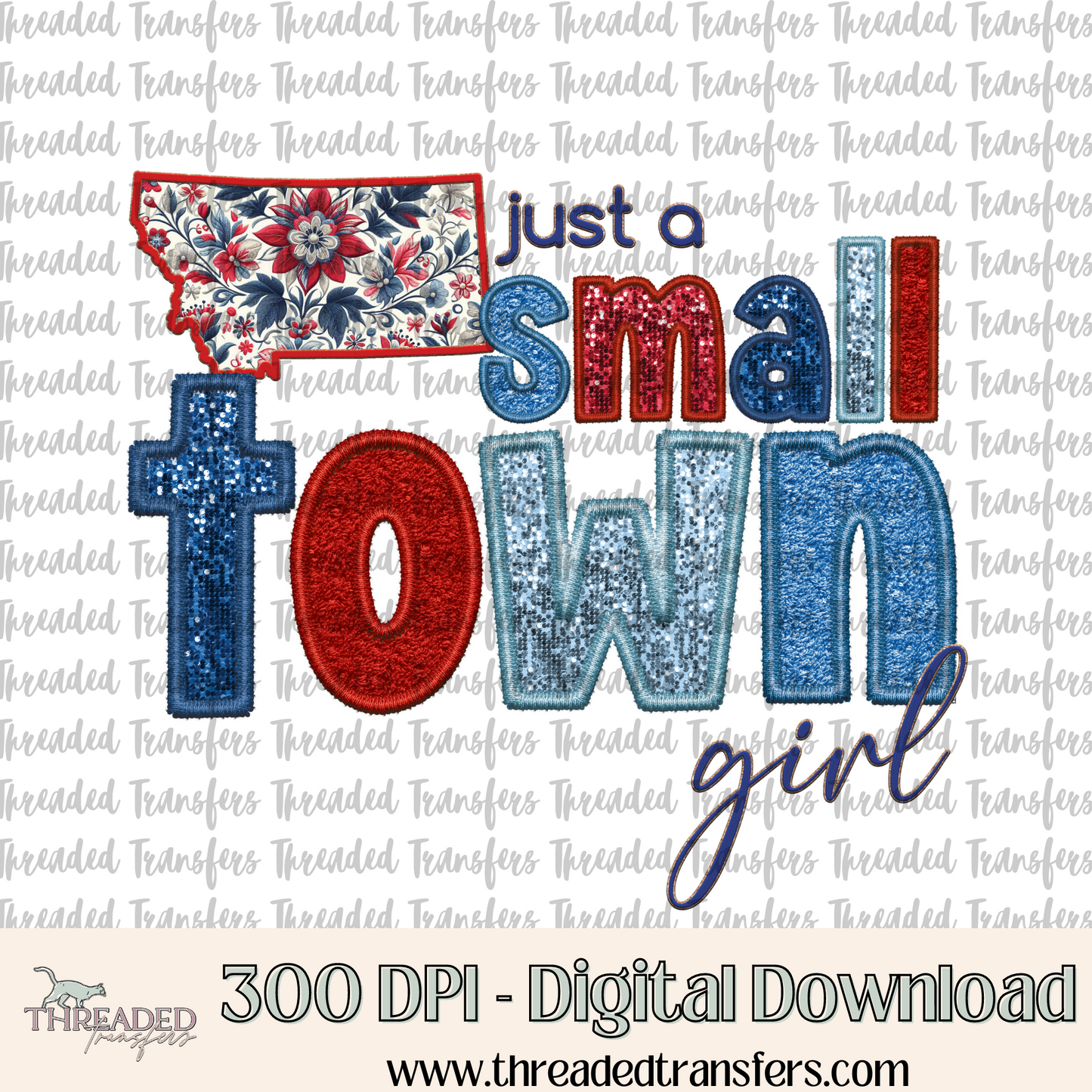 Montana Small Town Faux Embroidery & Faux Sparkles Digital Design Download (PNG Format - no product shipped)