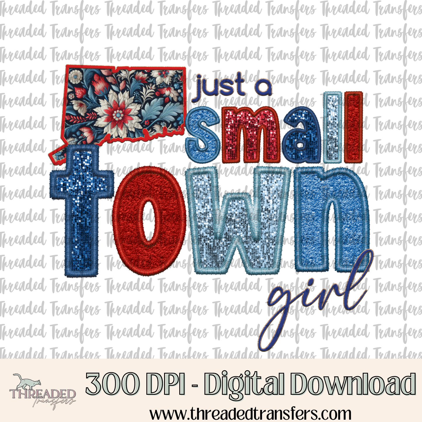 Conneticut Small Town Faux Embroidery & Faux Sparkles Digital Design Download (PNG Format - no product shipped)