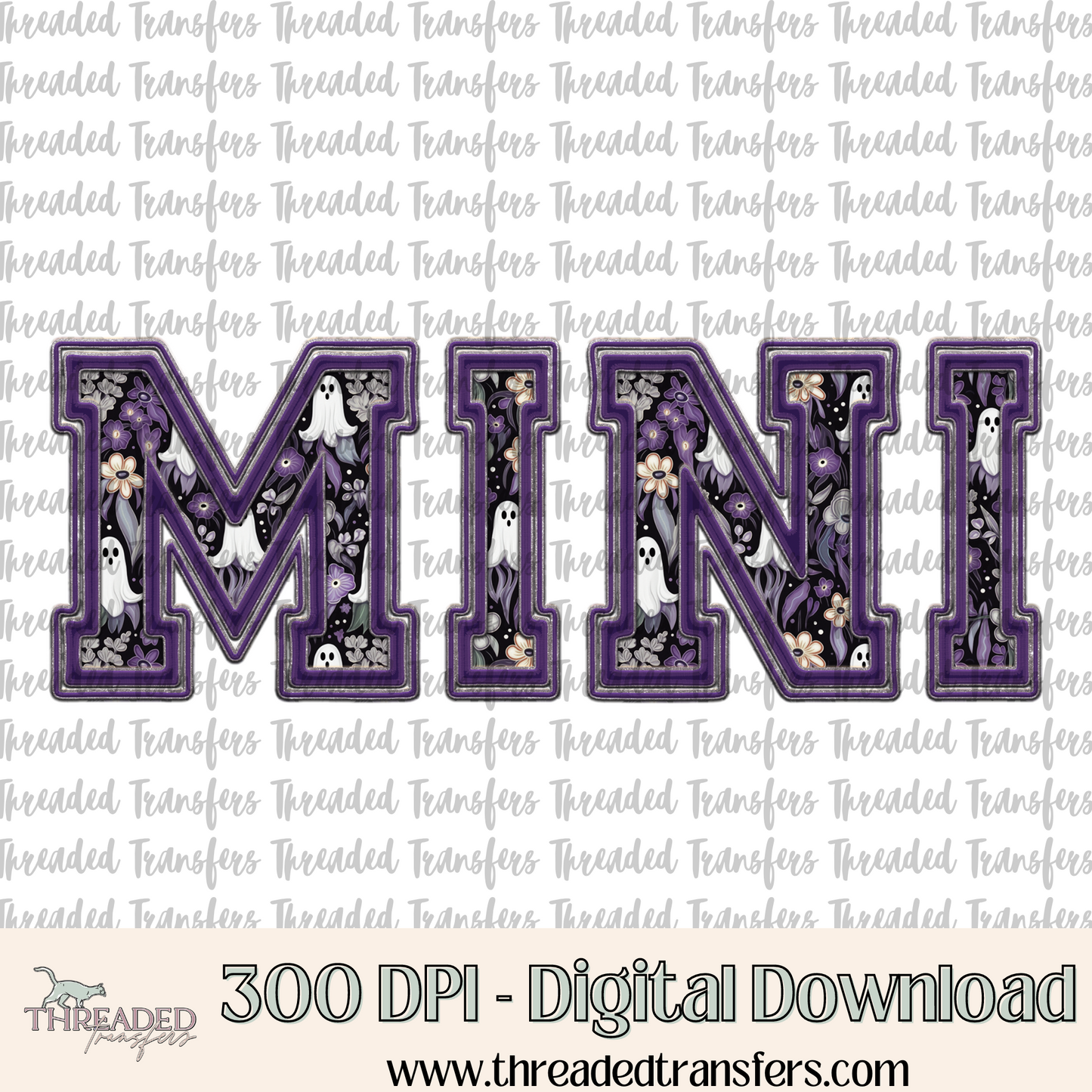 Floral Ghost Mini Faux Embroidery & Faux Sparkles Digital Design Download (PNG Format - no product shipped)