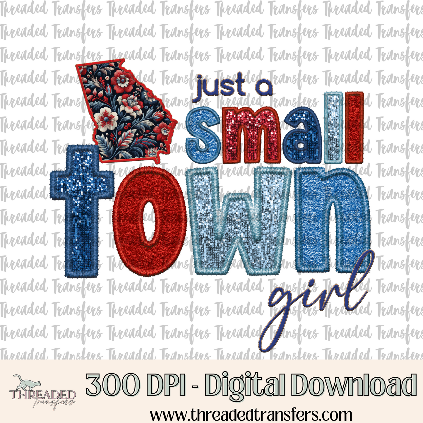 Georgia Small Town Faux Embroidery & Faux Sparkles Digital Design Download (PNG Format - no product shipped)