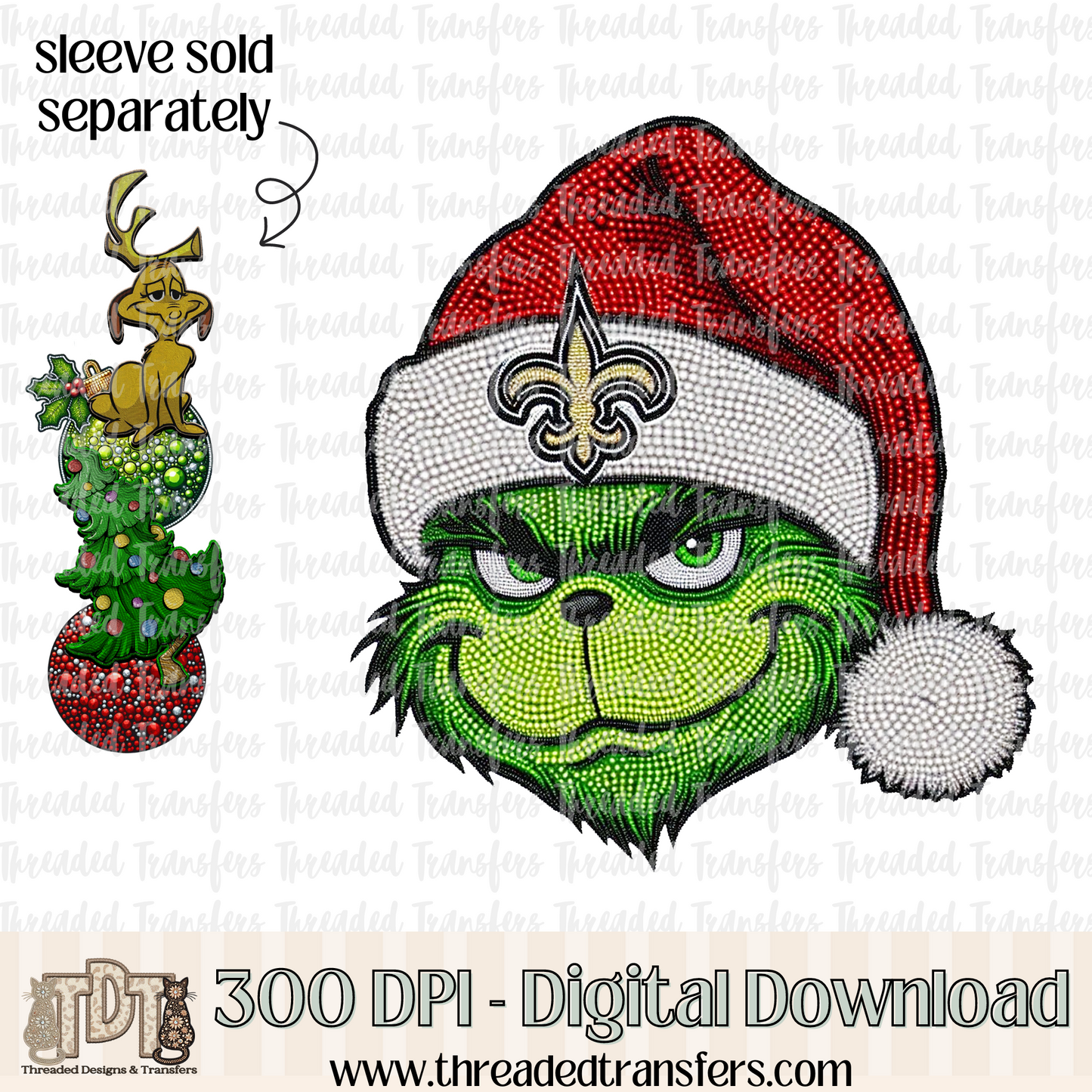 Green New Orleans Football Faux Rhinestones & Faux Embroidery Digital Design Download (PNG Format - no product shipped)