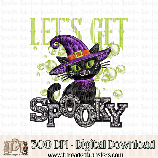 Let's Get Spooky Cat Faux Rhinestone & Faux Embroidery Digital Design Download (PNG Format - no product shipped)