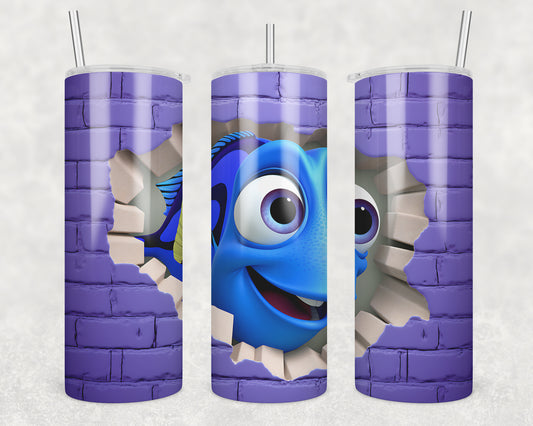 3D Blue Fish Cracked Wall Sublimation Transfer Tumbler Wrap 20oz (read description)