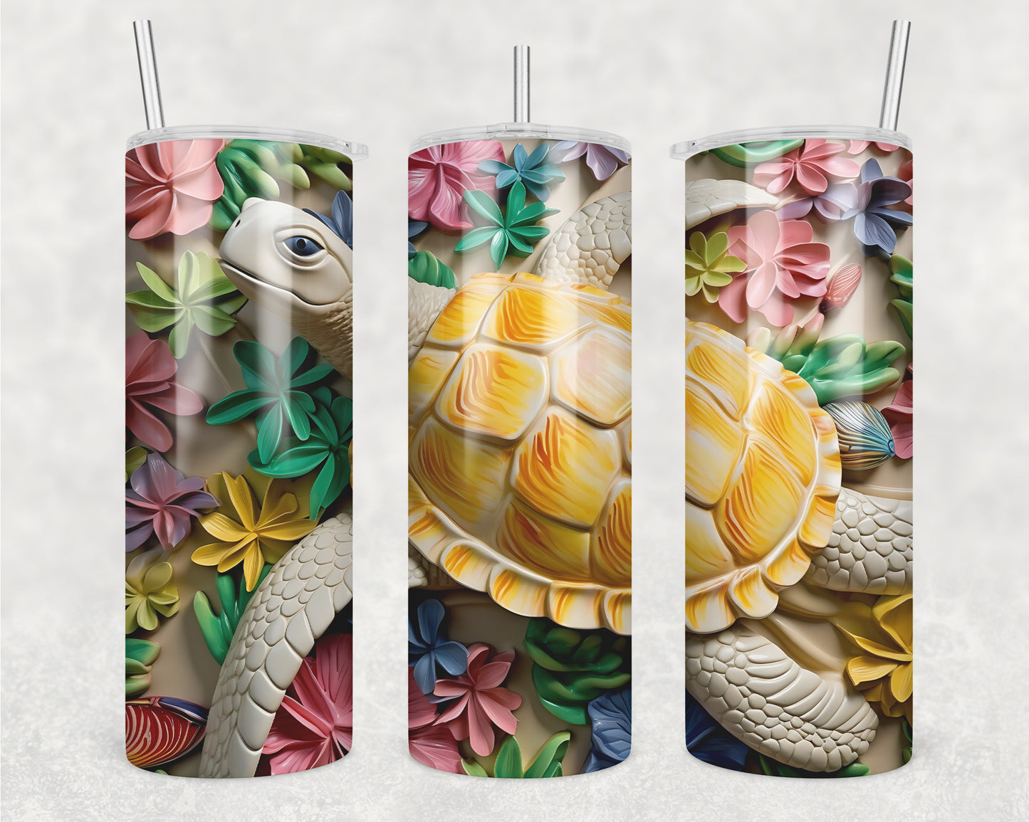 3D Floral Sea Turtle Sublimation Transfer Tumbler Wrap 20oz (read description)