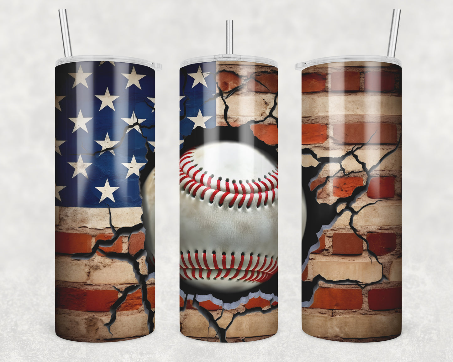 3D Baseball Flag Cracked Wall Sublimation Transfer Tumbler Wrap 20oz (read description)