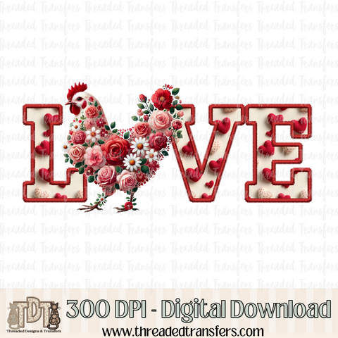 Floral Chicken Love Faux Embroidery Digital Design Download (PNG Format - no product shipped)