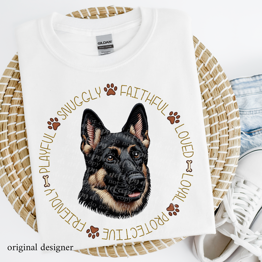 German Shepherd Black & Tan Pet Traits **EXCLUSIVE** Faux Embroidery & Faux Sparkle DTF & Sublimation Transfer