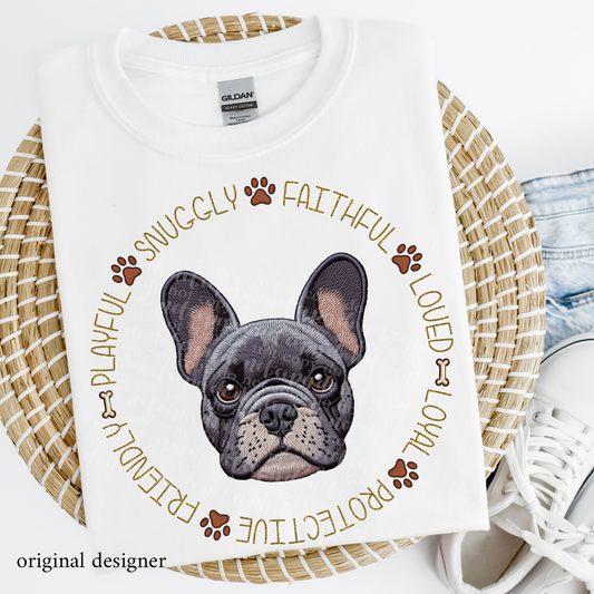 French Bulldog Pet Traits **EXCLUSIVE** Faux Embroidery & Faux Sparkle DTF & Sublimation Transfer