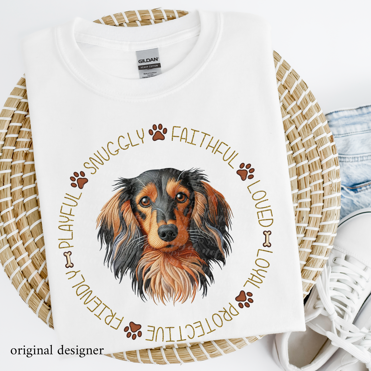 Dachshund Long Haired Pet Traits **EXCLUSIVE** Faux Embroidery & Faux Sparkle DTF & Sublimation Transfer