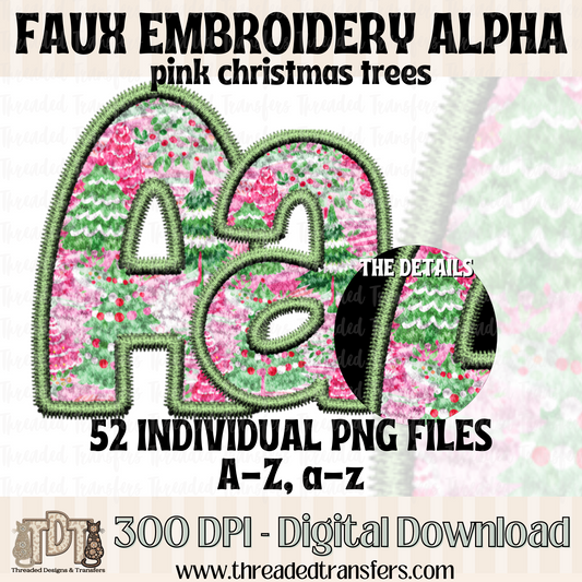 Pink Christmas Trees Sparkle Faux Embroidery Alpha Digital Download (PNG Format - no products shipped)