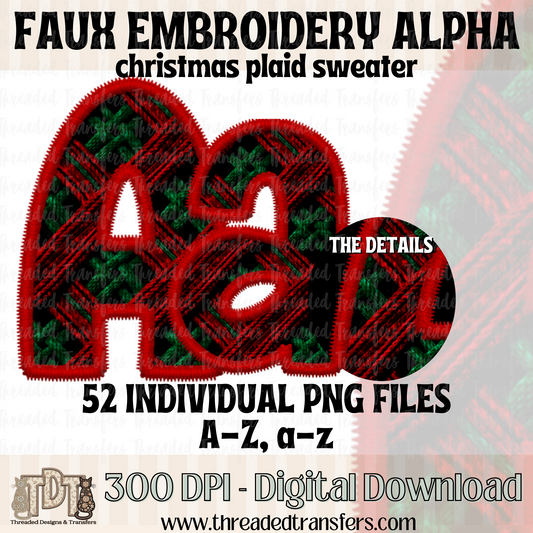 Christmas Plaid Sweater Faux Embroidery Alpha Digital Download (PNG Format - no products shipped)