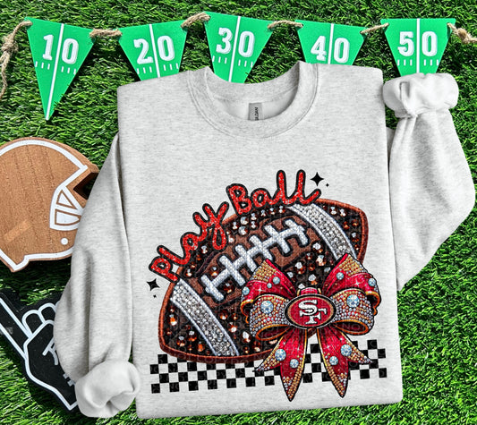 Play Ball San Francisco Faux Embroidery and Faux Rhinestone Football DTF & Sublimation Transfer