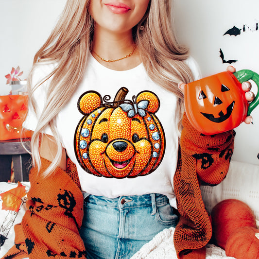 Honey Bear Pumpkin Rhinestone & Faux Embroidery DTF & Sublimation Transfer