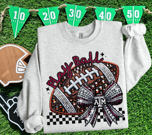 Play Ball Texas (ATM) Faux Embroidery and Faux Rhinestone Football DTF & Sublimation Transfer