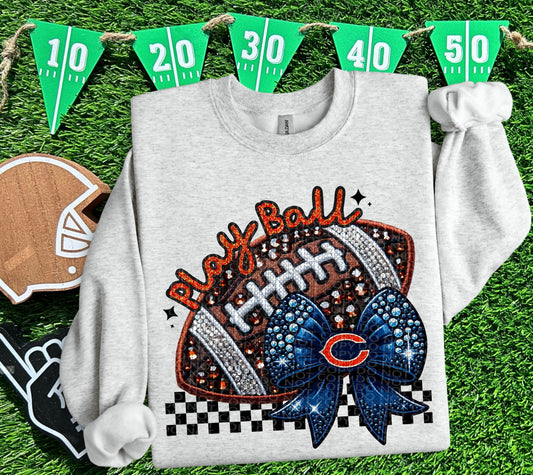 Play Ball Chicago Faux Embroidery and Faux Rhinestone Football DTF & Sublimation Transfer