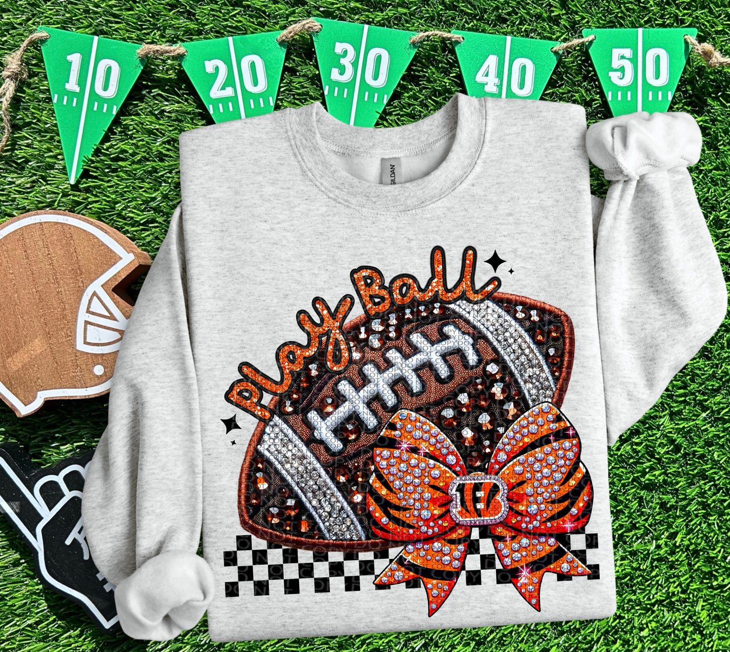 Play Ball Cincinnati Faux Embroidery and Faux Rhinestone Football DTF & Sublimation Transfer