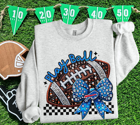 Play Ball Buffalo Faux Embroidery and Faux Rhinestone Football DTF & Sublimation Transfer