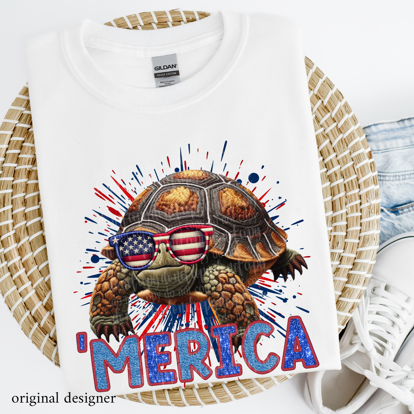 Box Turtle 'Merica **EXCLUSIVE** Faux Embroidery, Chenille, & Sparkle DTF & Sublimation Transfer