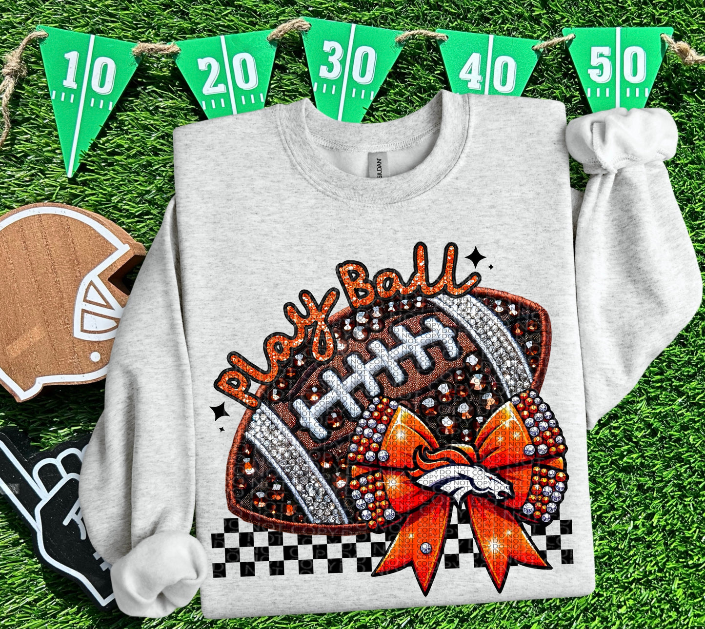 Play Ball Denver Faux Embroidery and Faux Rhinestone Football DTF & Sublimation Transfer