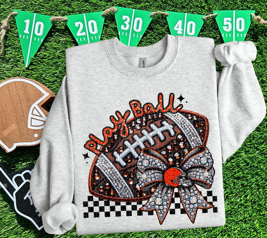 Play Ball Cleveland Faux Embroidery and Faux Rhinestone Football DTF & Sublimation Transfer