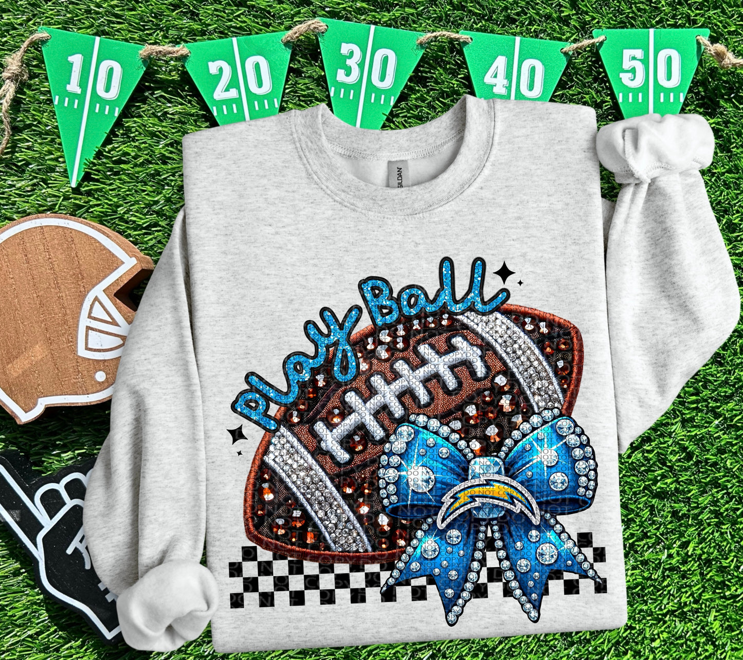 Play Ball LAC Faux Embroidery and Faux Rhinestone Football DTF & Sublimation Transfer