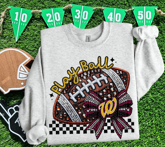 Play Ball Washington Faux Embroidery and Faux Rhinestone Football DTF & Sublimation Transfer