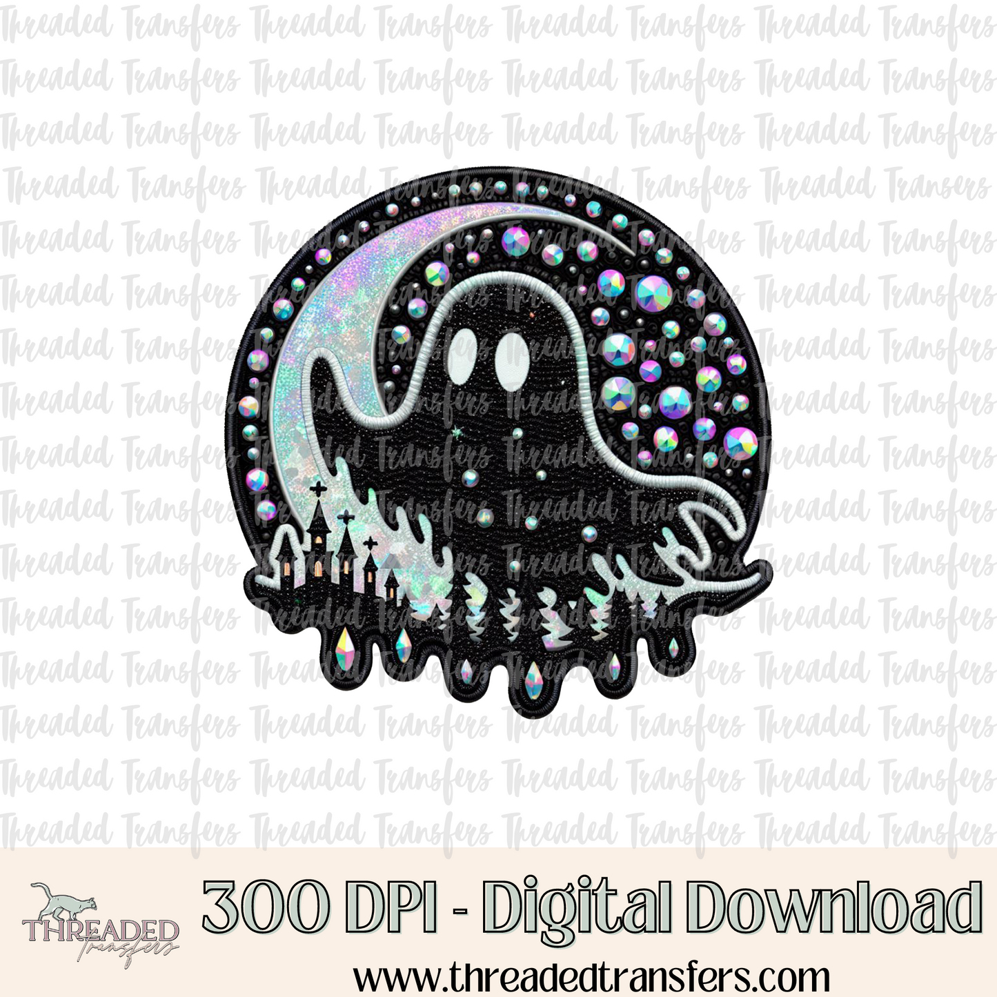 Nighttime Spook Faux Rhinestones & Faux Embroidery Digital Design Download (PNG Format - no product shipped)