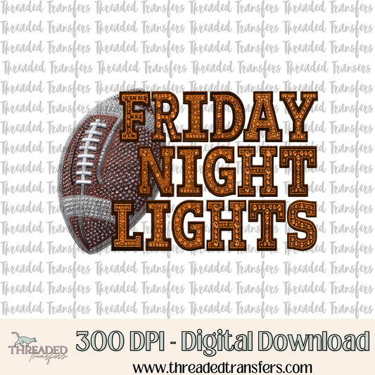 Friday Night Lights Orange Faux Rhinestones & Faux Embroidery Digital Design Download (PNG Format - no product shipped)