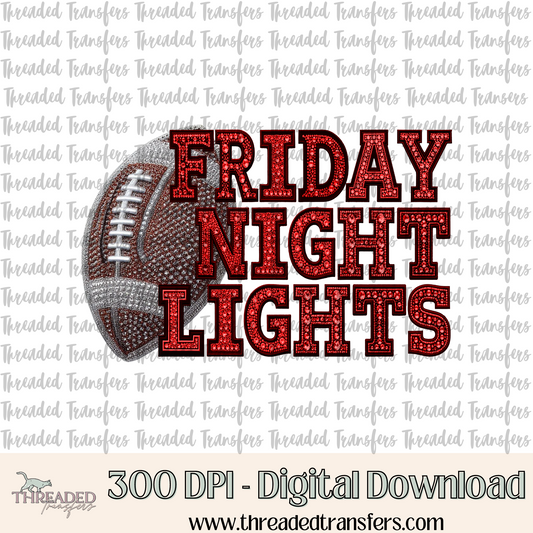 Friday Night Lights Red Faux Rhinestones & Faux Embroidery Digital Design Download (PNG Format - no product shipped)