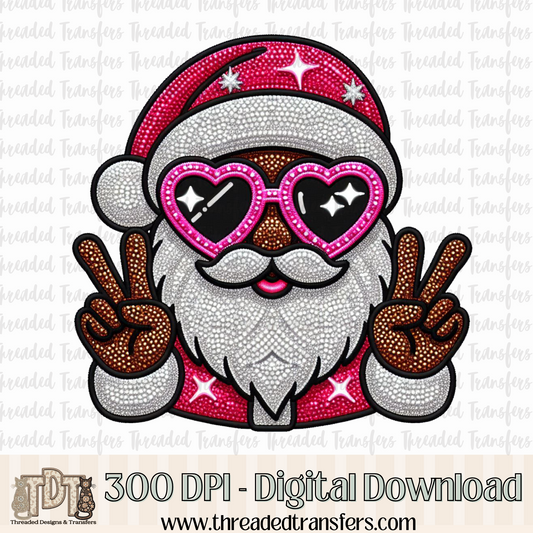 Peace Pink Heart Sunnies Santa Faux Embroidery Digital Design Download (PNG Format - no product shipped)