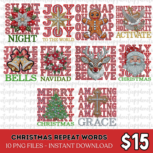 Christmas Repeat Words Special Digital Download Release Faux Embroidery & Faux Rhinestone (PNG Format - no products shipped)